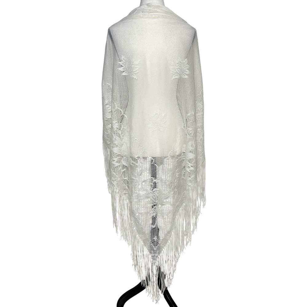 VTG White Floral Lace Triangle Shawl Fringe Wrap Boho Bridal Victorian Romantic - Picture 2 of 11